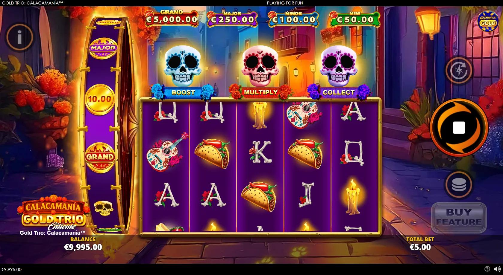 Gold Trio Calacamania slot gameplay showing 5x3 Day of the Dead grid with sugar-skull coins, tacos and four jackpots