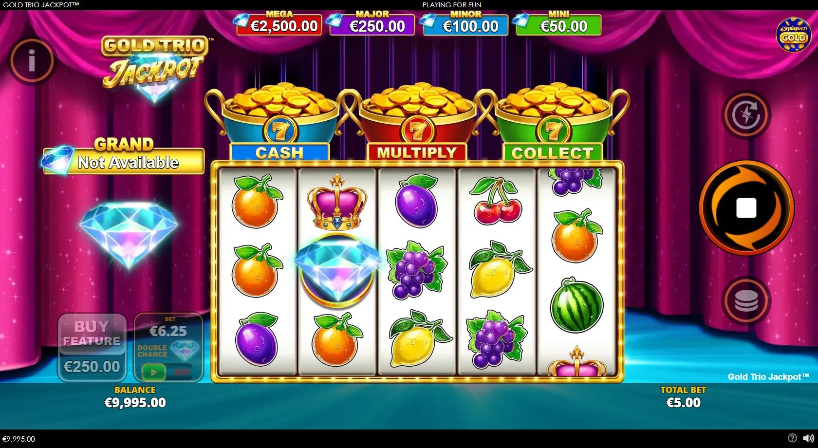 Gold Trio Jackpot slot gameplay showing 5x3 classic-fruit grid with gold coin pots, bell wilds and a progressive grand jackpot
