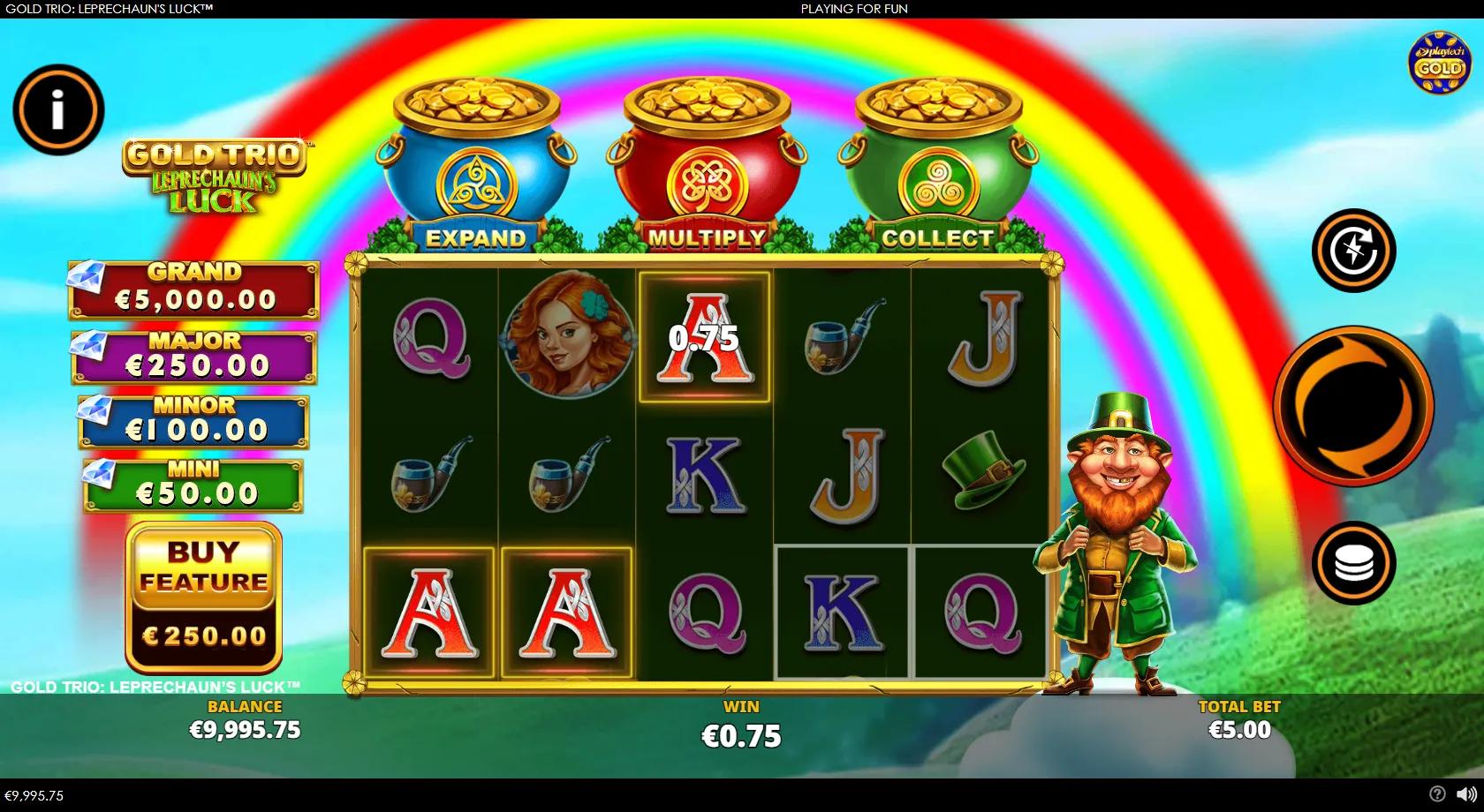 Gold Trio Leprechaun's Luck slot gameplay showing a 5x3 Irish-meadow grid with clover, pipe and coin symbols, three Gold Trio pots (Expand/Multiply/Collect) and a four-tier jackpot ladder