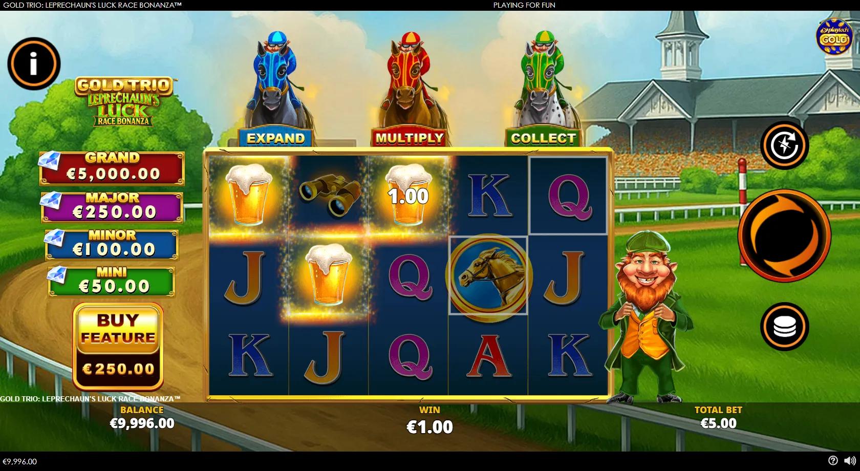 Gold Trio Leprechauns Luck Race Bonanza slot gameplay showing 5x3 racetrack grid with rosette Wilds, horse coins and Expand/Multiply/Collect horses