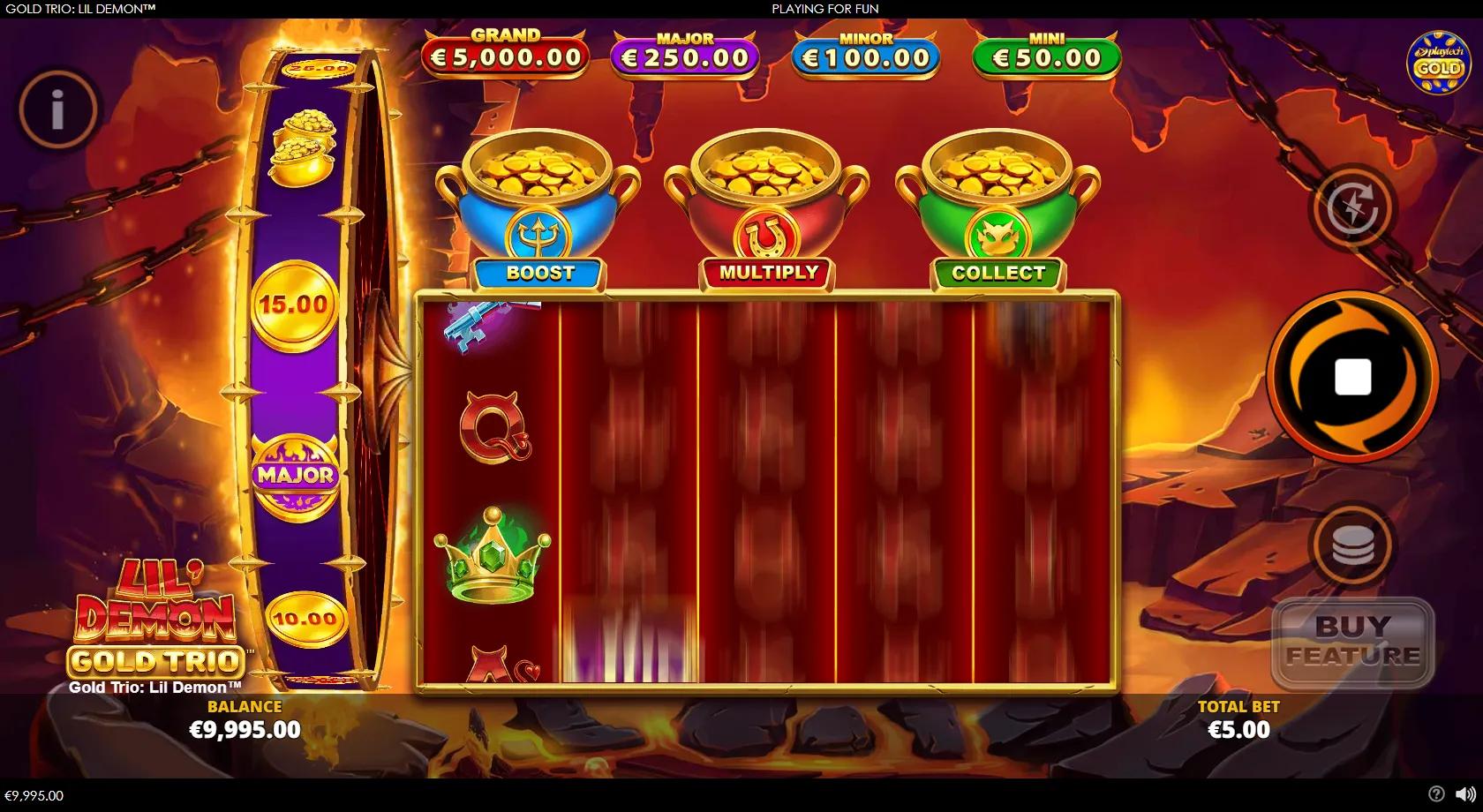 Gold Trio Lil Demon slot: 5x3 hell-themed grid with three gold coin pots, devil card royals and four jackpots
