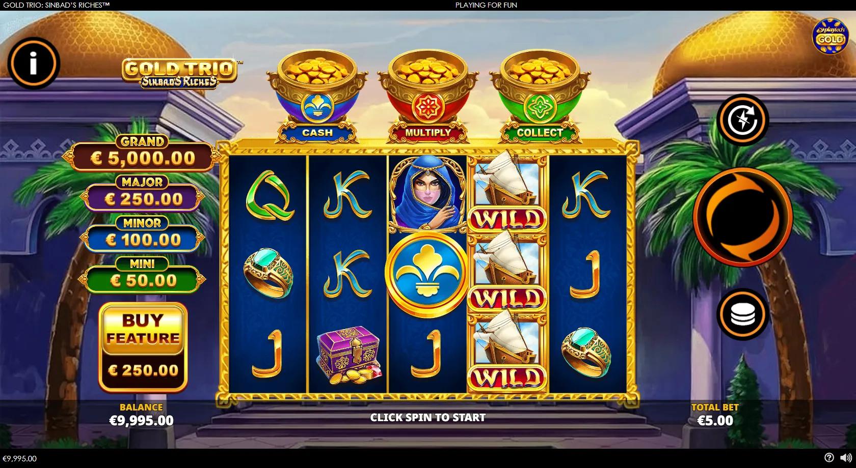 Gold Trio: Sinbad's Riches gameplay showing 5x3 grid with the ship Wild and CASH/MULTIPLY/COLLECT pots