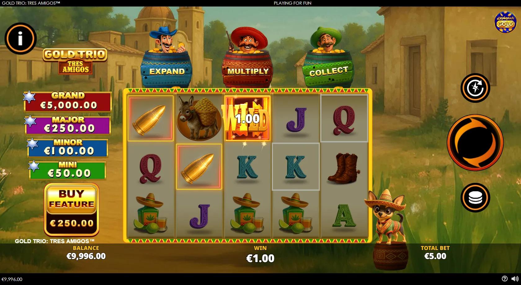 Gold Trio Tres Amigos slot gameplay showing 5x3 Mexican grid with WILD, bandido coin pots and chihuahua feature