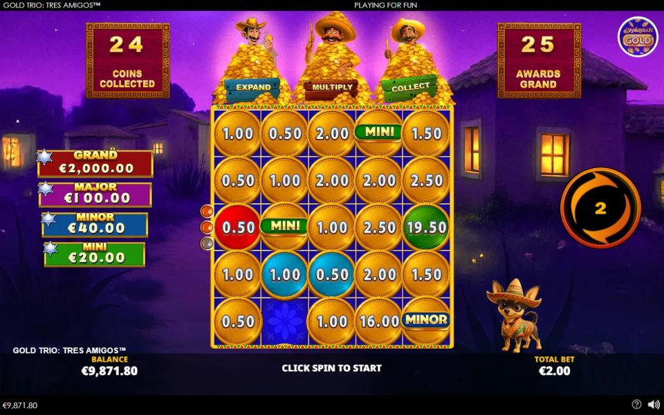 The Gold Trio Tres Amigos respins grid filled to twenty-four of twenty-five positions, one short of the Grand