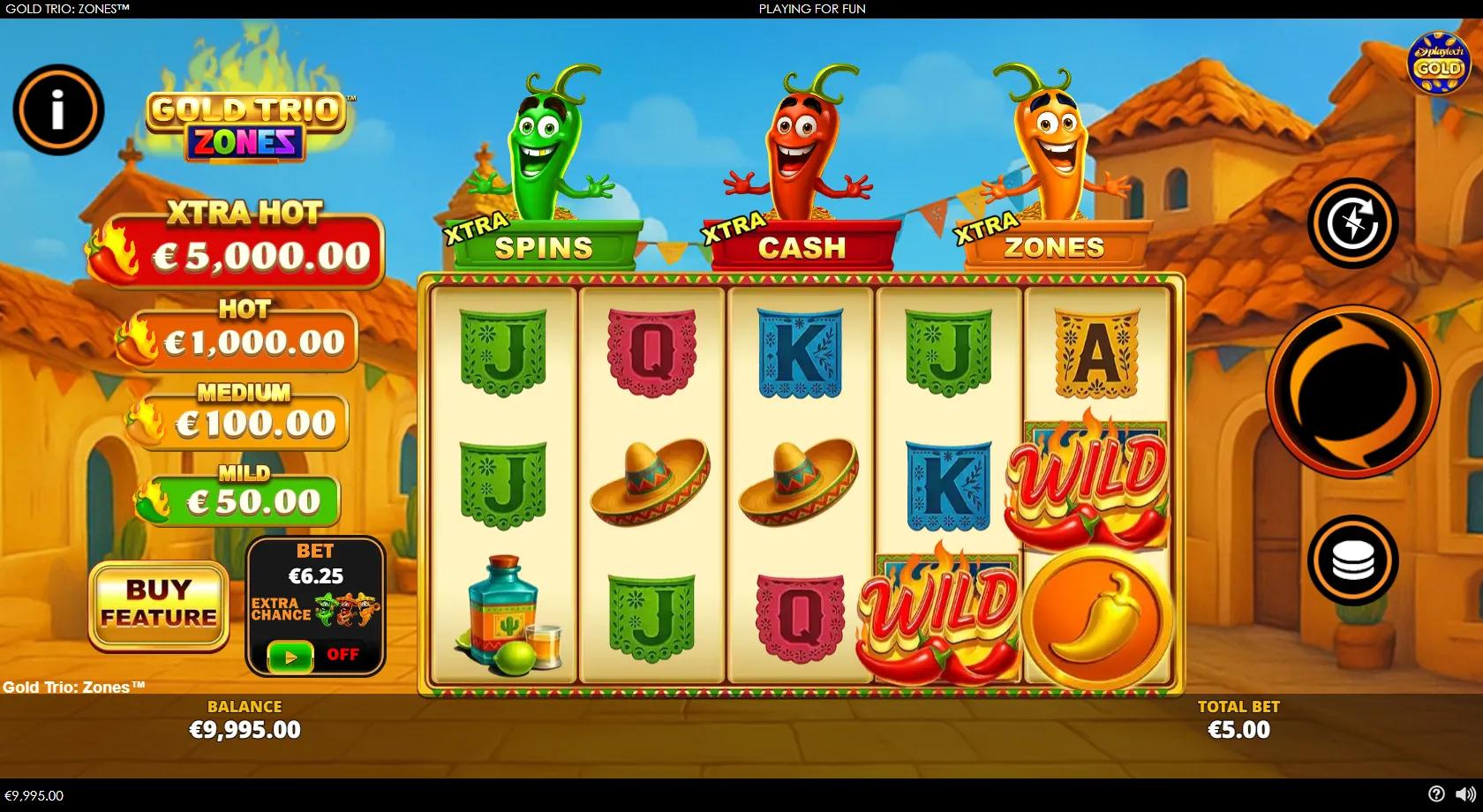 Gold Trio Zones slot gameplay showing 5x3 Mexican grid with flaming Wild, chilli mariachi coin pots and papel-picado royals