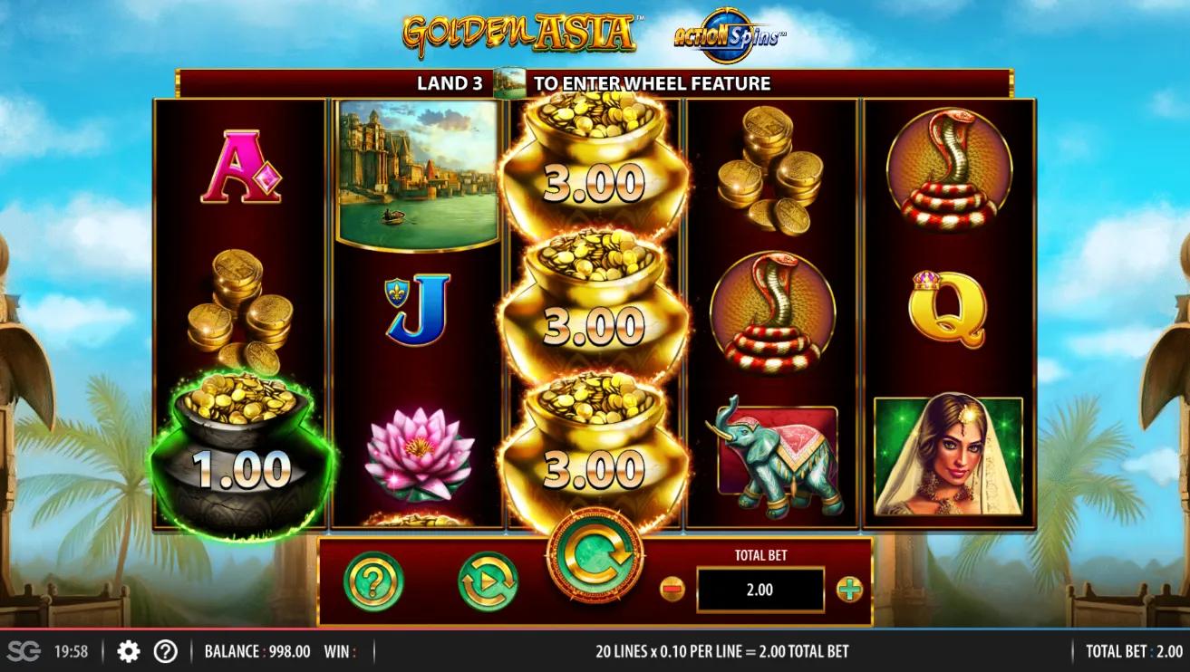 Golden Asia gameplay: 5x3 grid with stacked white Tiger Wilds and glowing gold and black cash Pot symbols