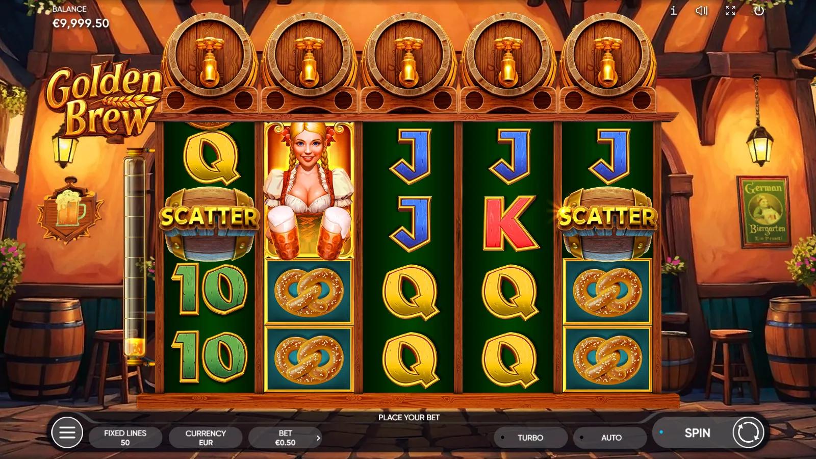 Golden Brew slot gameplay showing 5x4 grid with beer barrel scatters and barmaid symbol below five accumulator barrels