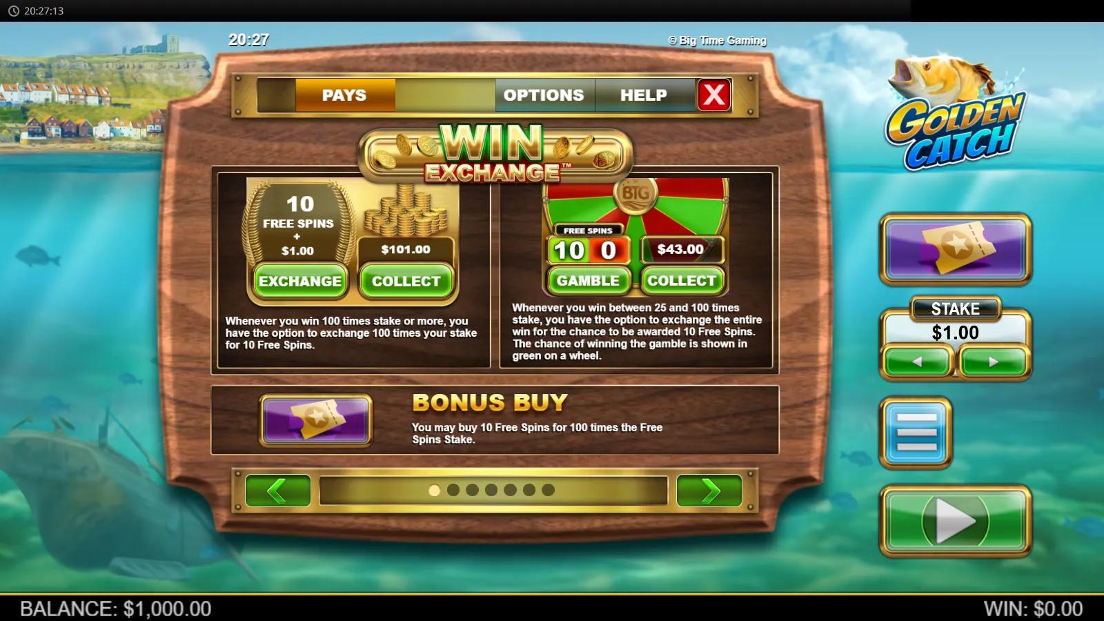 Golden Catch slot Win Exchange and Bonus Buy screen over a seaside village and underwater sea view
