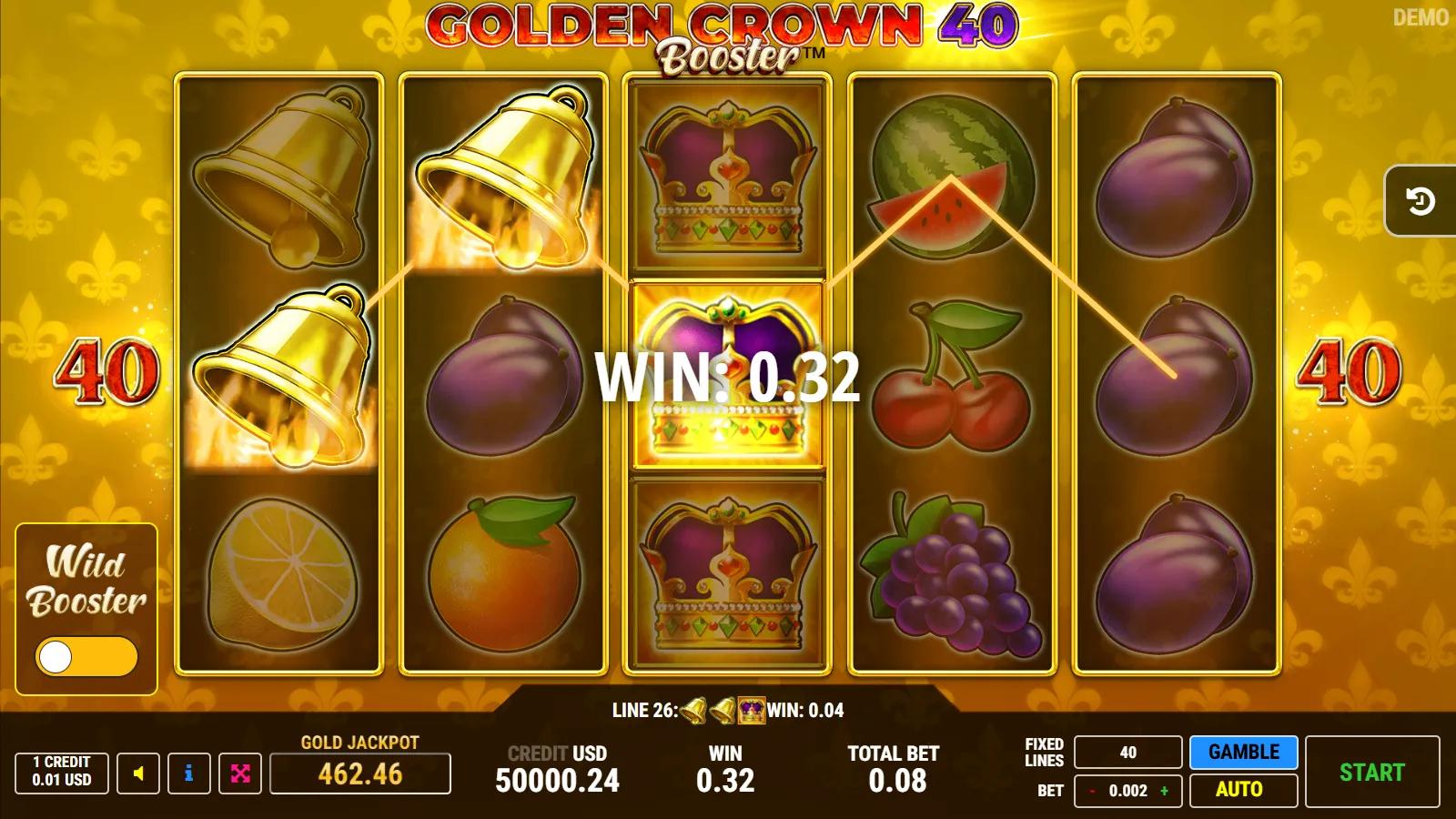 Golden Crown 40 Booster slot gameplay showing 5x3 fruit grid with royal crown Expanding Wild and 40 paylines