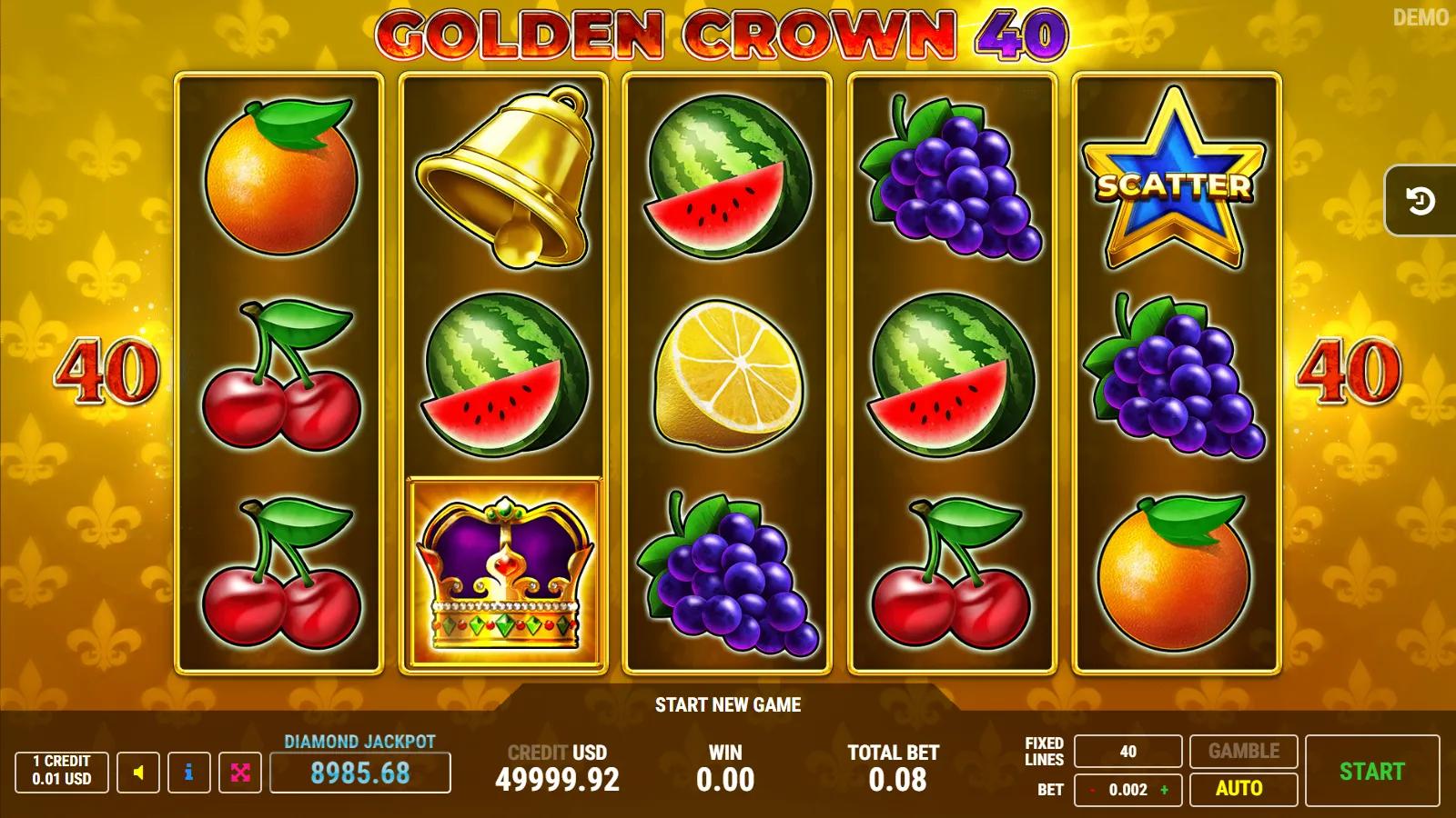 Golden Crown 40 slot gameplay showing 5x3 royal fruit grid with golden crown expanding wild, blue star scatter, red 7s and 40 paylines