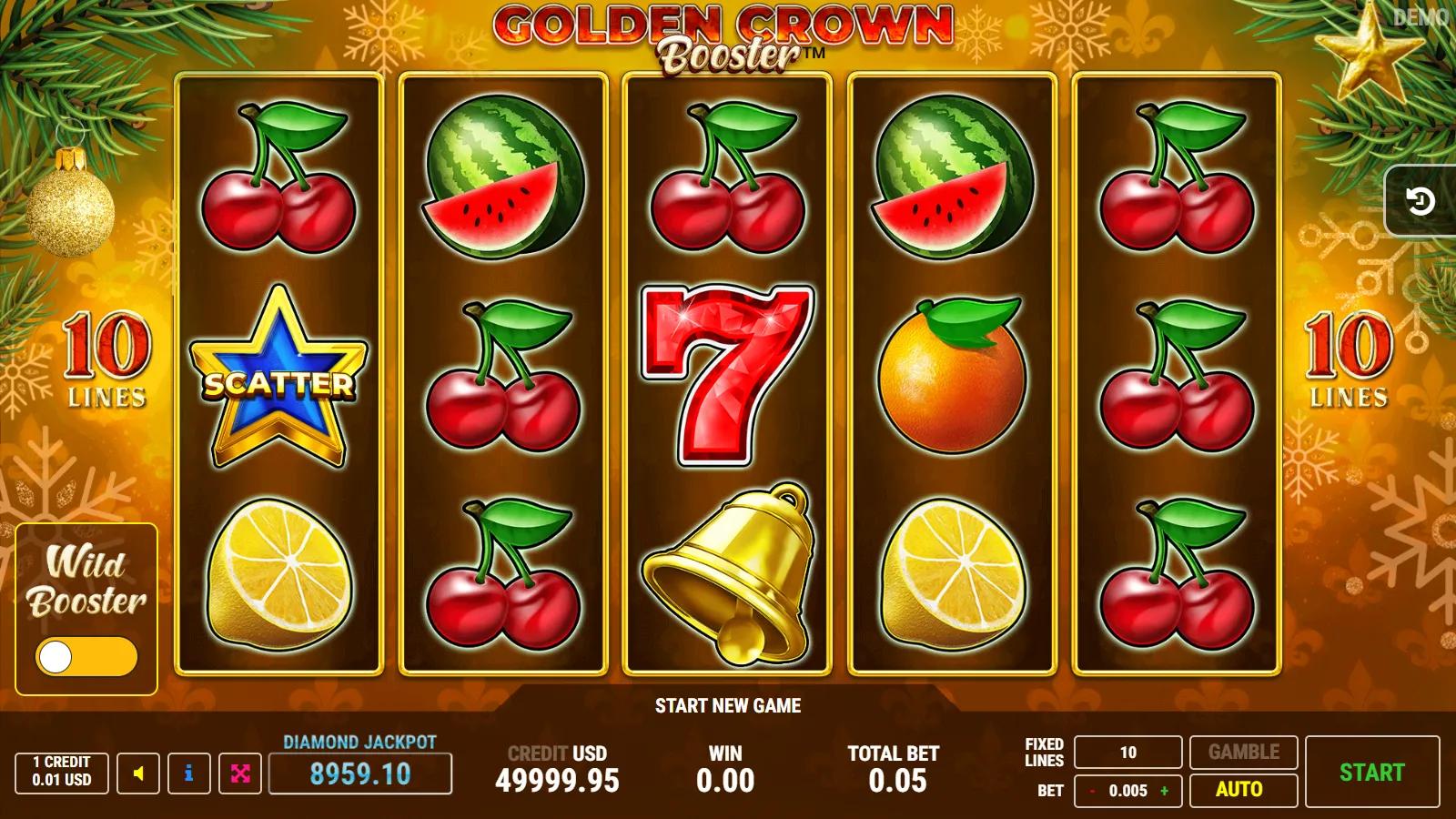 Golden Crown Christmas Booster slot gameplay showing 5x3 festive fruit reels with red sevens, star scatters and 10 lines