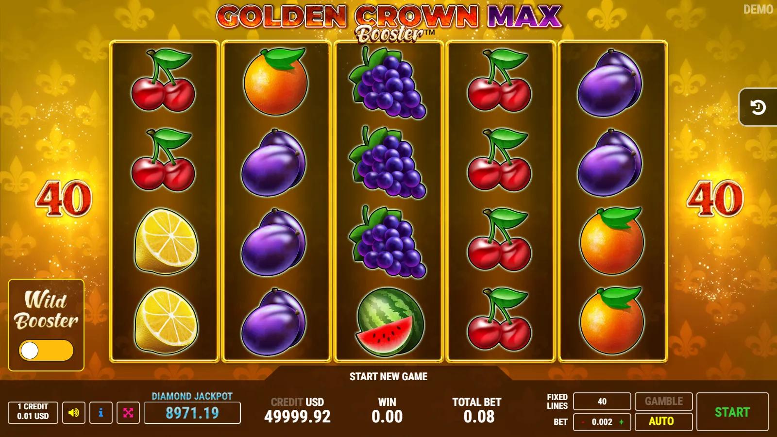 Golden Crown Max Booster slot gameplay showing 5x4 fruit grid with royal crown Expanding Wild, star scatters and 40 lines