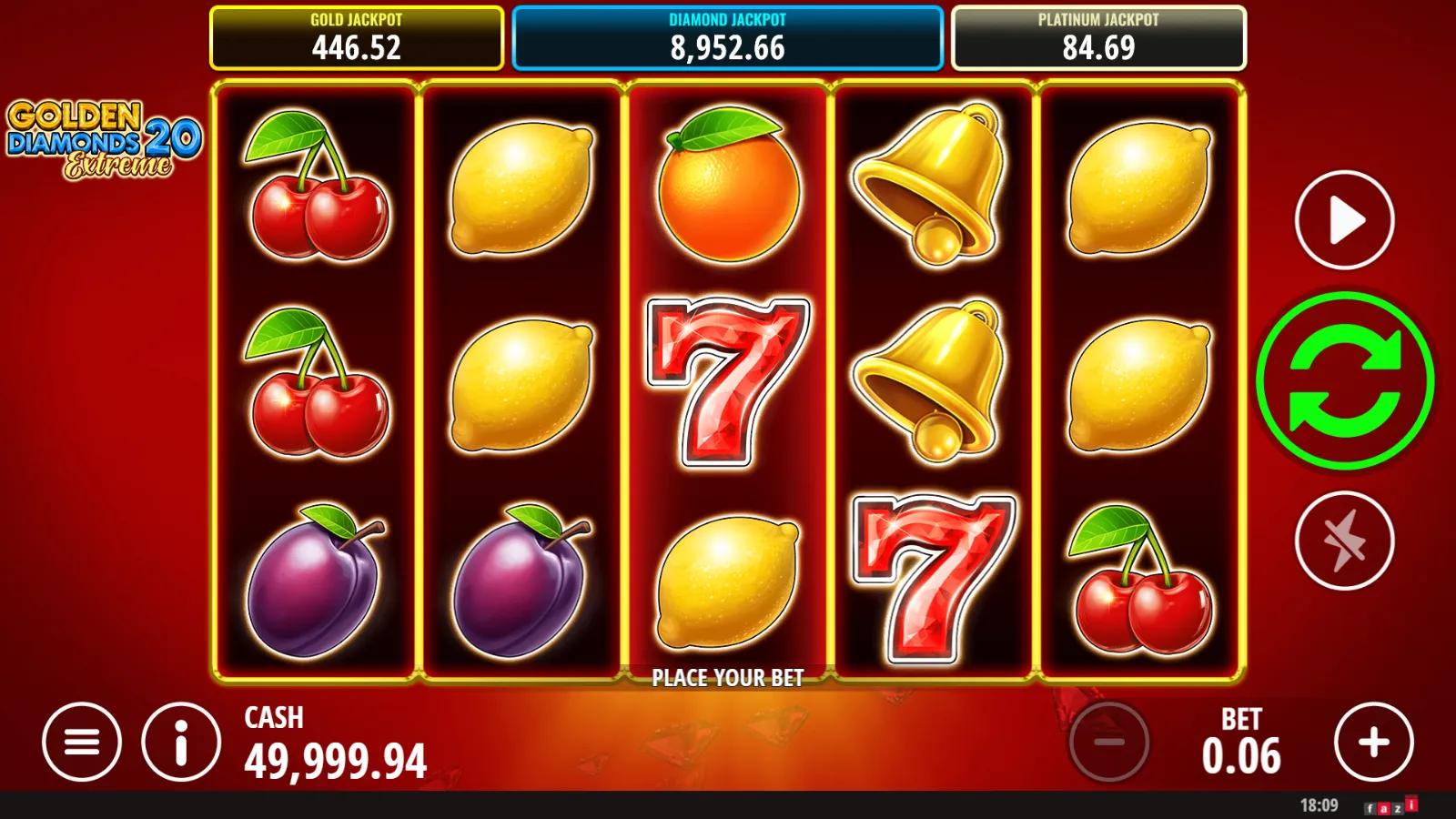 Golden Diamonds 20 Extreme slot gameplay showing 5x3 fruit grid with diamond Wilds, star Scatter and three jackpot meters