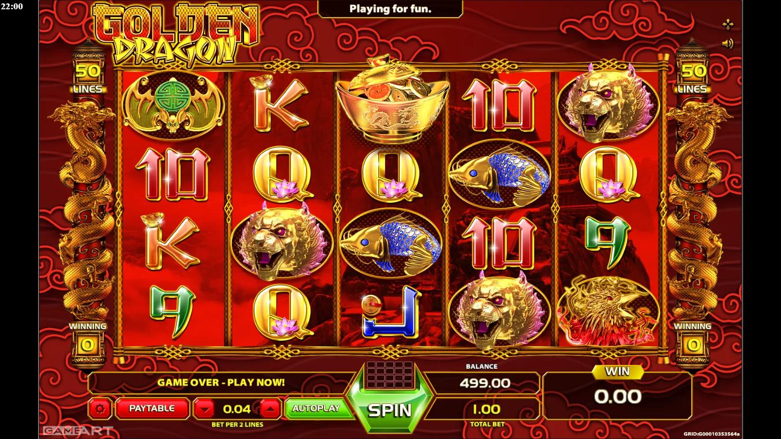 Golden Dragon slot gameplay showing the 5x4 reels with a golden dragon, koi fish, jade pendant and gold ingot symbols