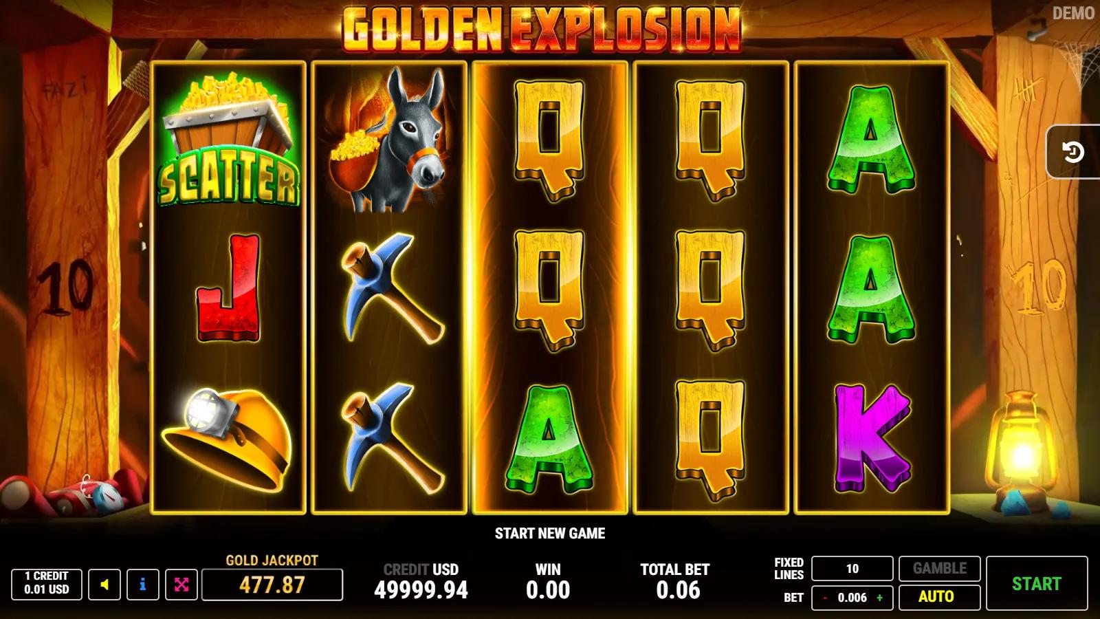 Golden Explosion slot gameplay showing 5x3 gold-mine grid with dynamite wild multiplier, miner, pickaxes, ore-cart scatter and 10 paylines