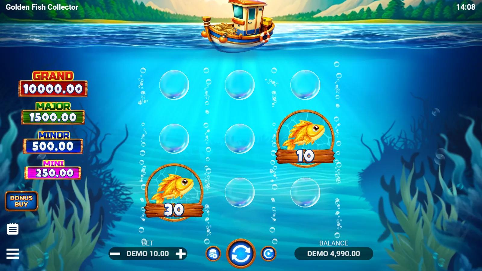 Golden Fish Collector slot gameplay showing the 3x3 underwater grid with golden fish money symbols and the jackpot ladder