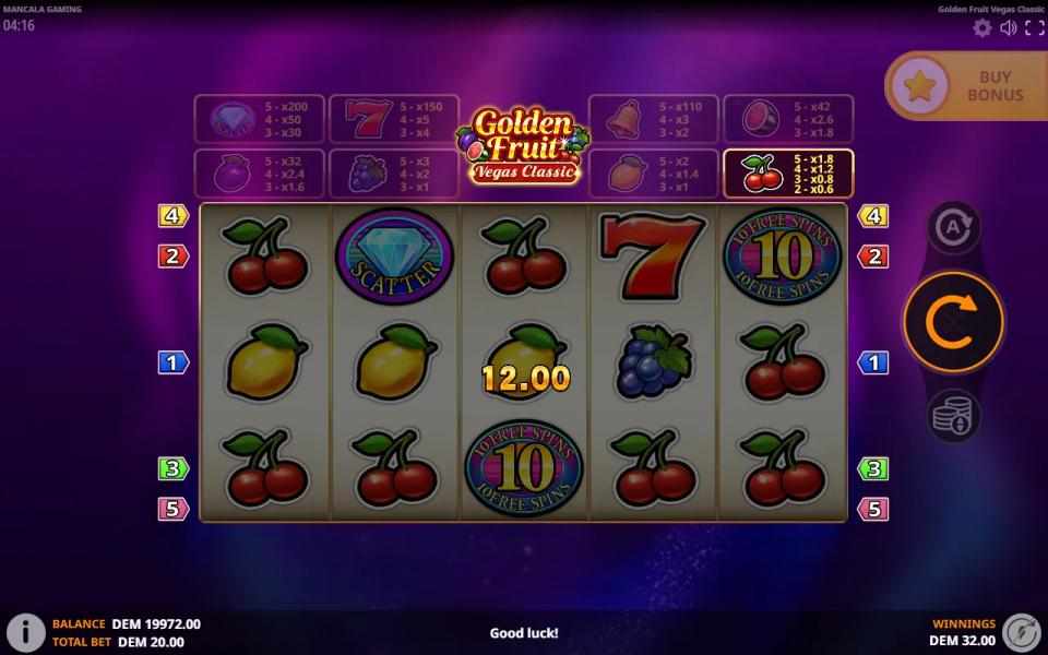 Golden Fruit Vegas Classic 5x3 reels paying three lemons on the middle row and two cherries on the bottom row at the same time