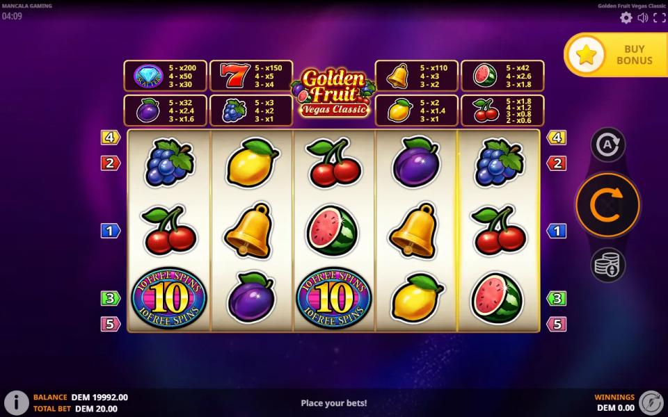 Golden Fruit Vegas Classic 5x3 reels showing two 10 FREE SPINS badges on the first and third reels with no bonus triggered