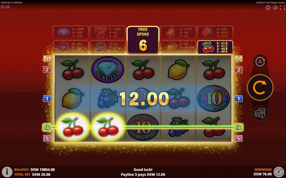 Golden Fruit Vegas Classic free spins round on a red backdrop with a spin counter above the reels and a cherry payline paying