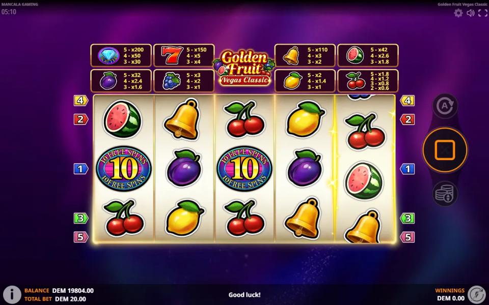 Golden Fruit Vegas Classic 5x3 reels with three 10 FREE SPINS badges landed on reels one, three and five, opening the bonus