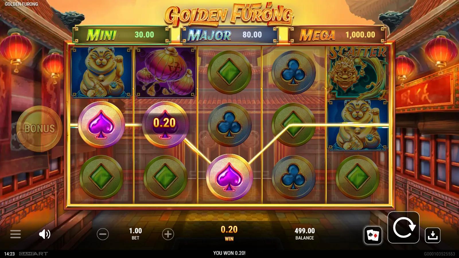 Golden Furong slot gameplay showing 5x3 grid with golden lion Scatter, lucky cat and card-suit gold coins