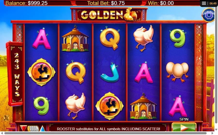 Golden Hen slot gameplay showing 5x3 243-ways farmyard grid with the golden Rooster Wild medallion