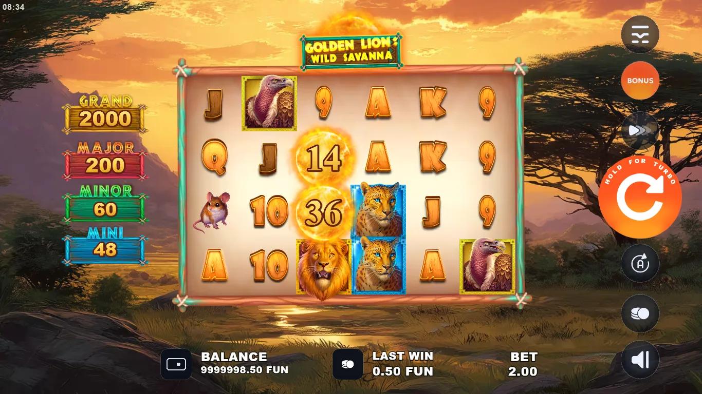 Golden Lion Wild Savanna gameplay showing 6x4 grid with bonus coin multipliers and jackpot tier panel on African savanna