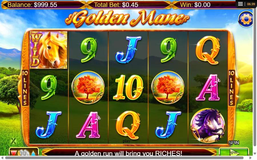 Golden Mane slot gameplay showing 5x3 reels with the golden horse Wild, black stallion and autumn Tree across 10 lines