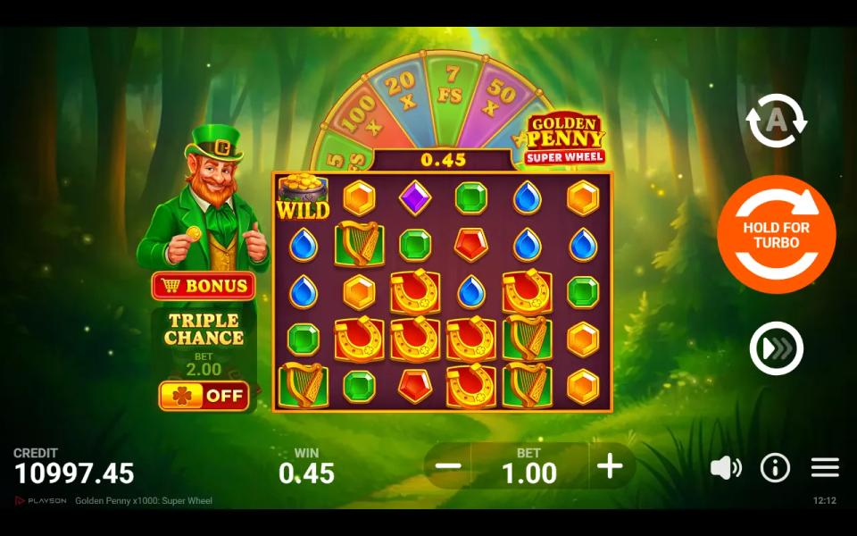 Golden Penny x1000 Super Wheel grid after a cascade with a pot-of-gold wild on the left reel and a win displayed