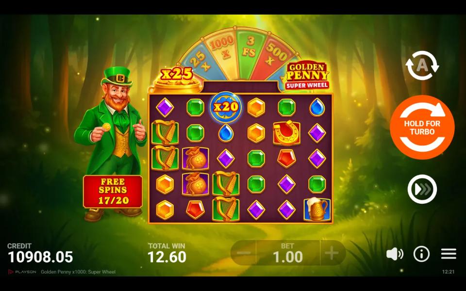 A x20 multiplier coin sitting on a Golden Penny x1000 Super Wheel free-spins board with no winning combination