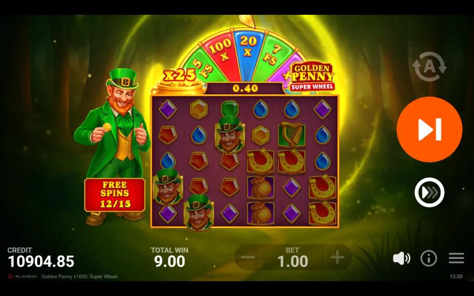Three leprechaun scatter symbols on the free-spins board with the Super Wheel enlarged and spinning in front of the reels