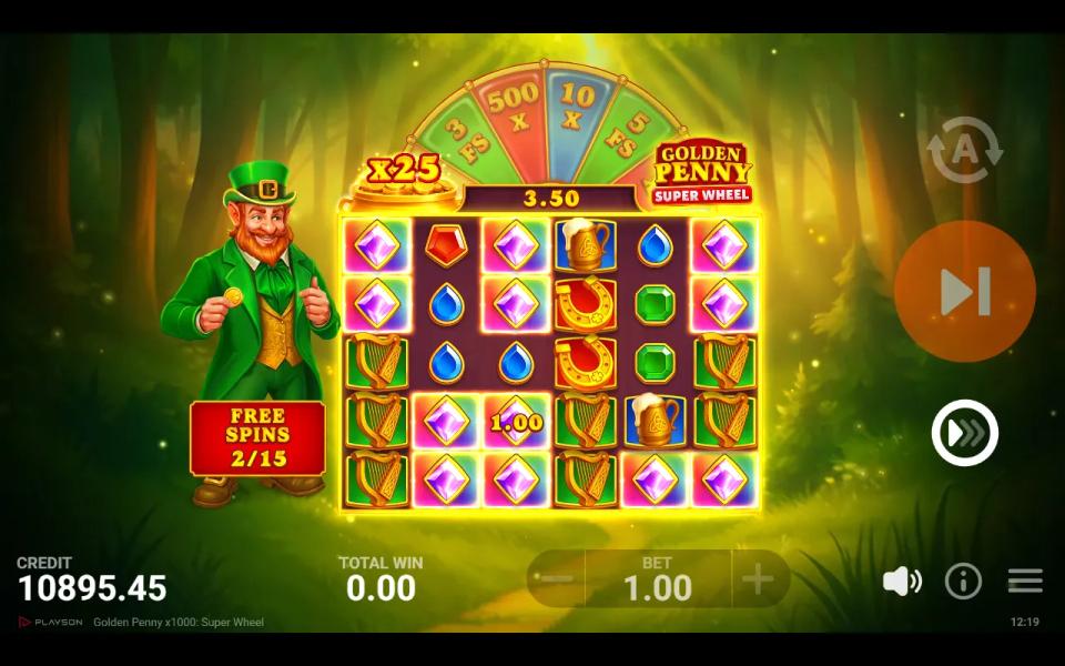 Free-spins board with two separate clusters of eight symbols highlighted at once during a cascade and a x25 total multiplier badge beside the wheel