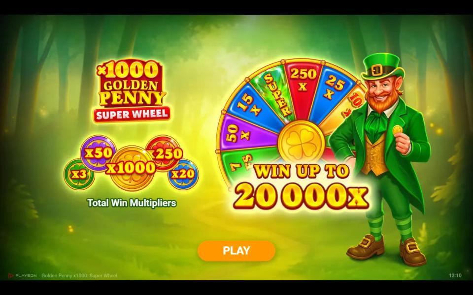 Golden Penny x1000 Super Wheel splash screen advertising a 20,000x maximum win beside the wheel and the total win multiplier ladder