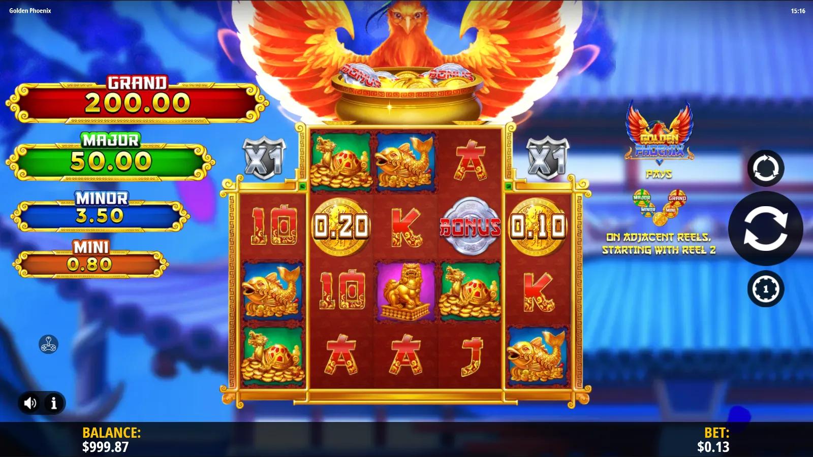 Golden Phoenix slot gameplay showing the diamond grid of gold coins, ingots and lucky cats beneath the phoenix money pot and jackpot ribbon