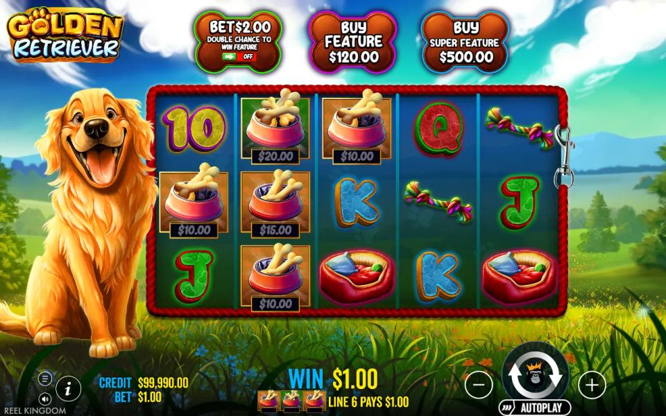 Golden Retriever base game on a 5x3 board in a sunny meadow, five dog bowl Money symbols on the reels and three of them paying line 6