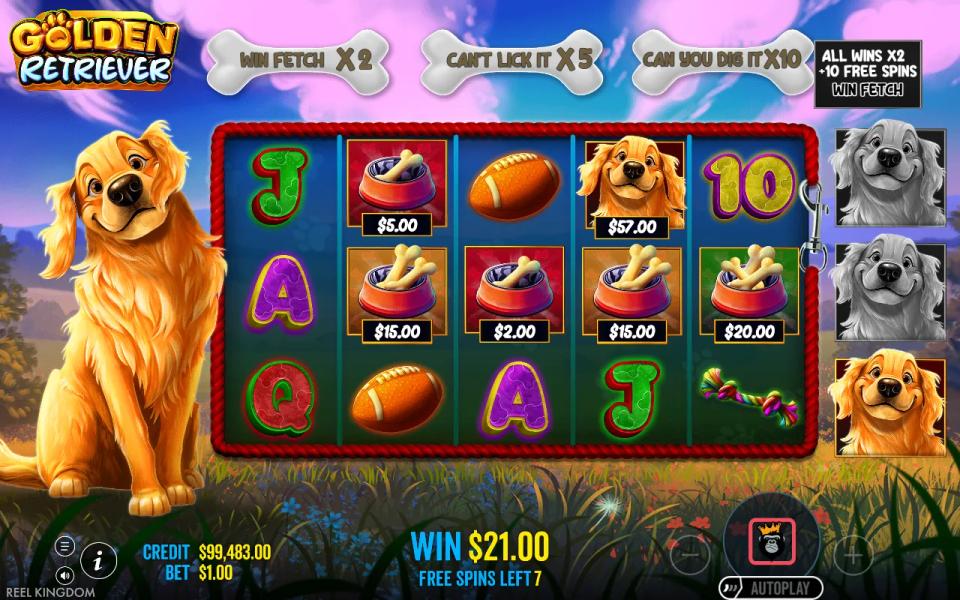 Golden Retriever free spins, the retriever wild on reel 4 holding a 57x collect with Money bowls added across the middle row