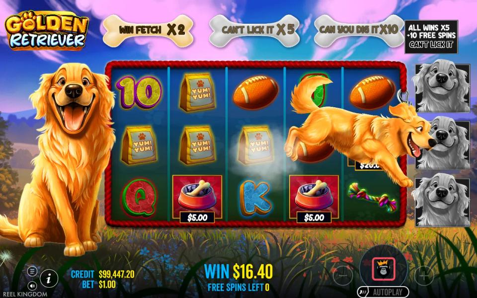 Golden Retriever WIN FETCH modifier, the dog running across the reels and turning a row into Dog Food bags