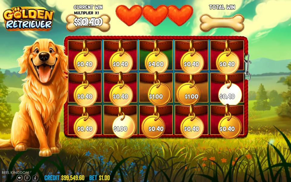 Golden Retriever Hold & Spin with all 15 positions covered in coins at a x1 multiplier and three respins left