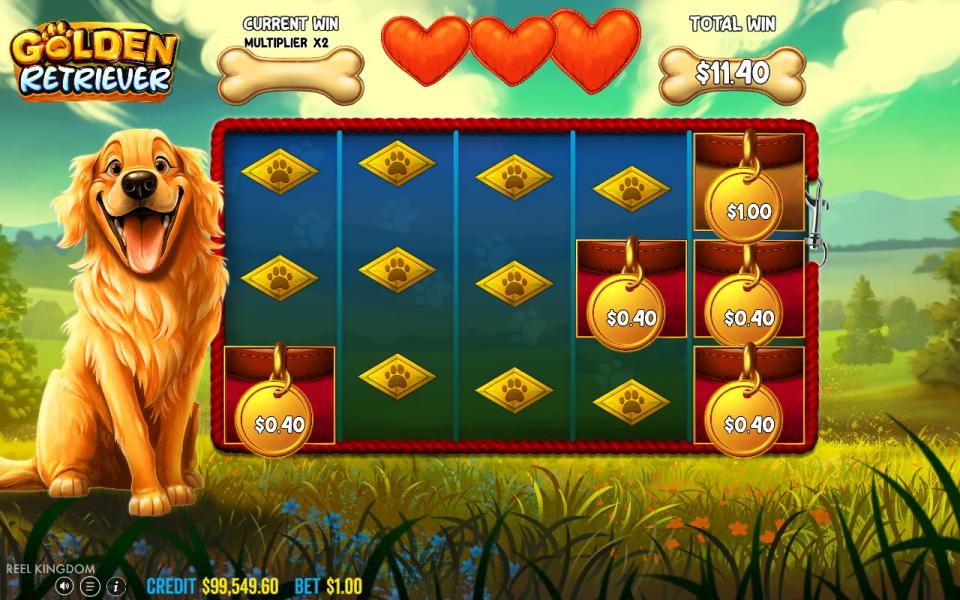 Golden Retriever Hold & Spin after the restart, five fresh coins on a cleared board and the win multiplier now x2