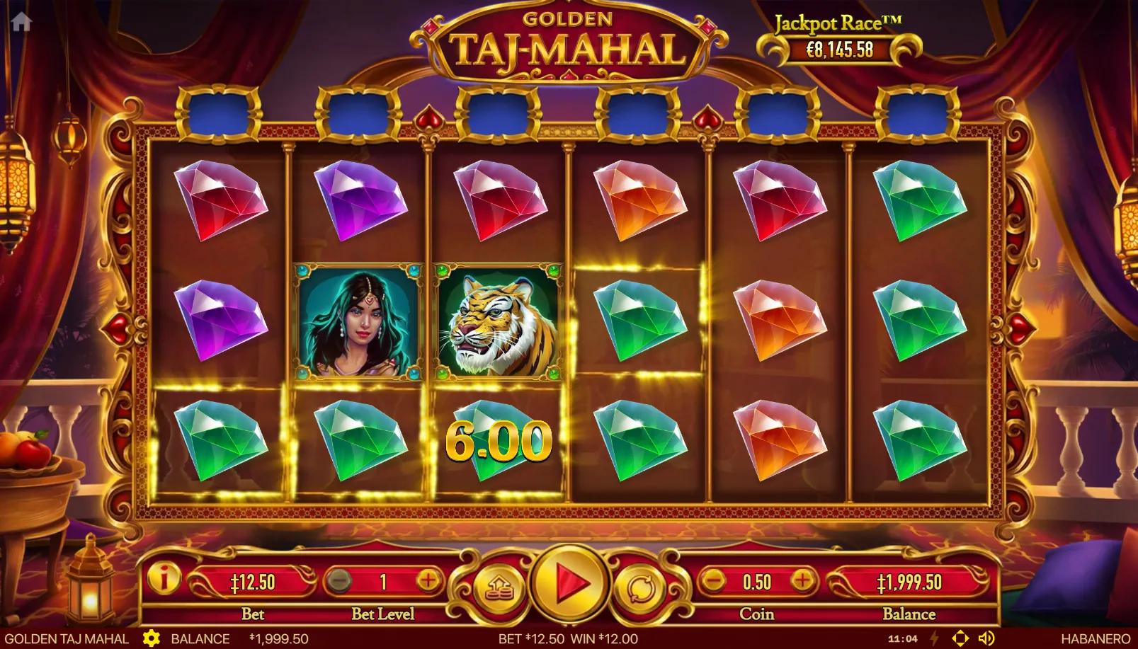 Golden Taj Mahal slot gameplay showing 6x3 grid with maharaja, queen and tiger symbols inside ornate gold Mughal frame