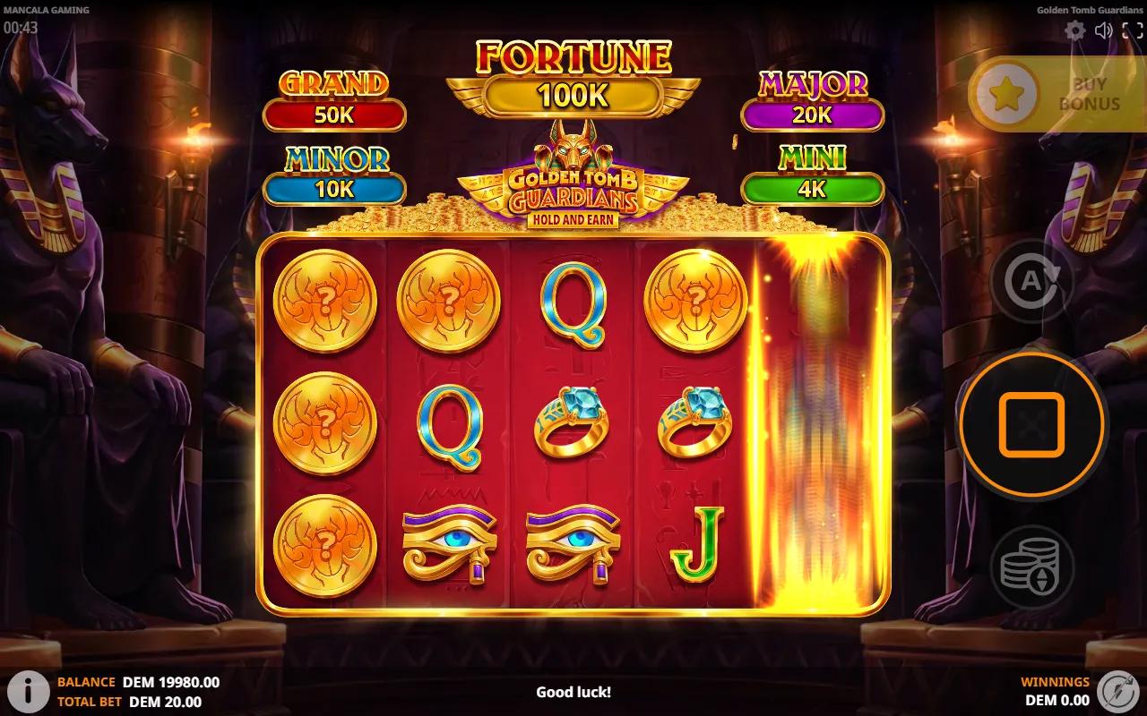 Golden Tomb Guardians slot 5x3 grid between two Anubis statues with five fixed jackpot meters above the reels