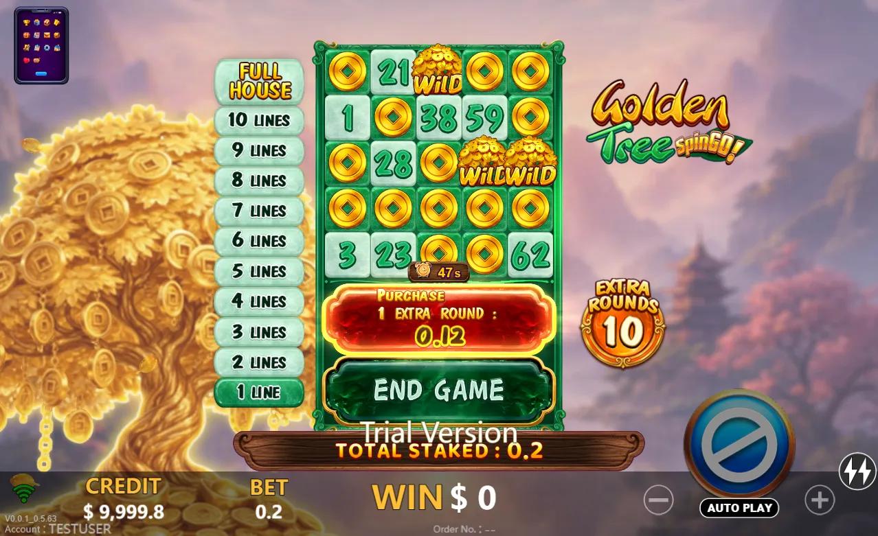 Golden Tree SpinGO bingo gameplay showing 5x5 board filled with gold coins, WILD tiles and the line-reward ladder