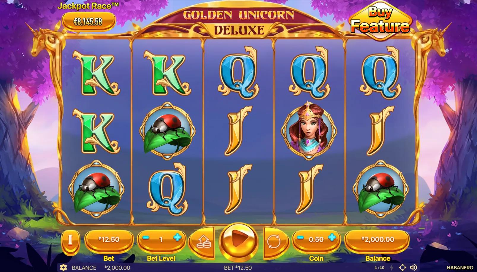 Golden Unicorn Deluxe 5x3 grid with golden unicorn wild, palace and chest scatters on enchanted forest backdrop