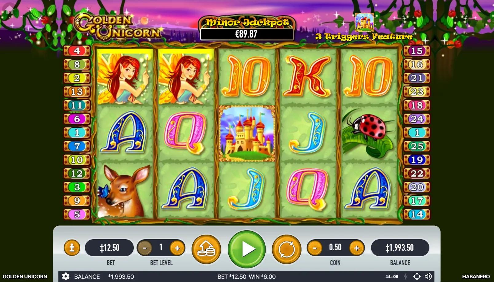 Golden Unicorn slot gameplay showing 5x3 grid with Princess and Palace Scatter on middle reel plus Minor Jackpot meter