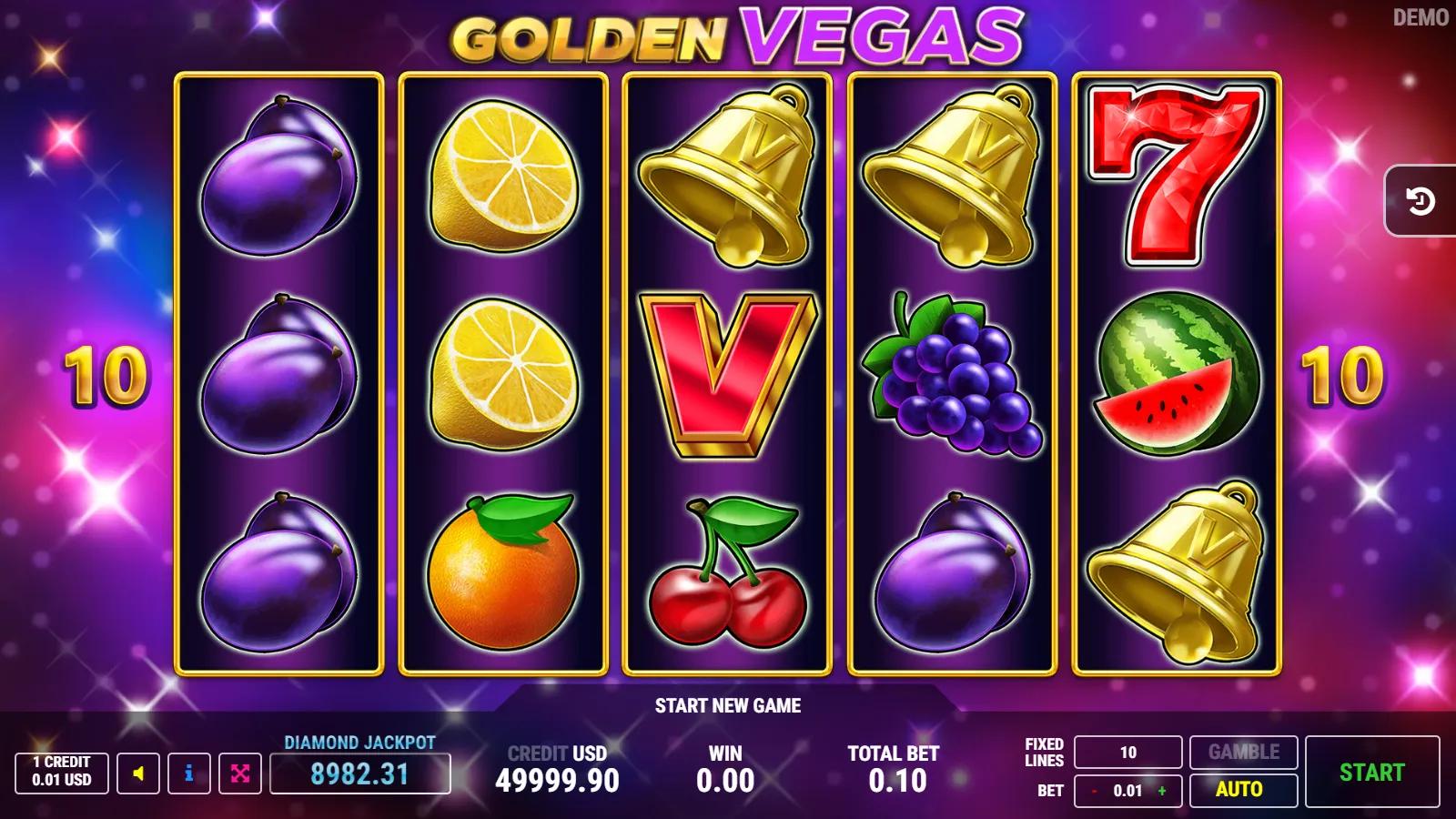 Golden Vegas slot gameplay showing 5x3 neon fruit grid with Golden Vegas crown, red 7, V royal and 10 paylines