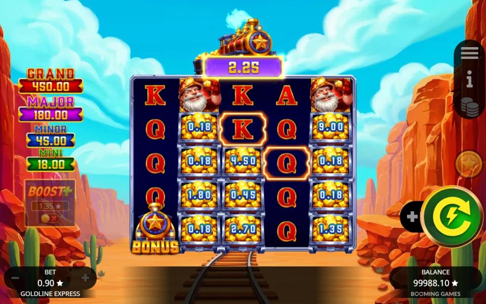 Goldline Express 5x5 board with gold cart stacks on reels 2, 3 and 5, two orange collect frames and a 2.25 win shown under the train