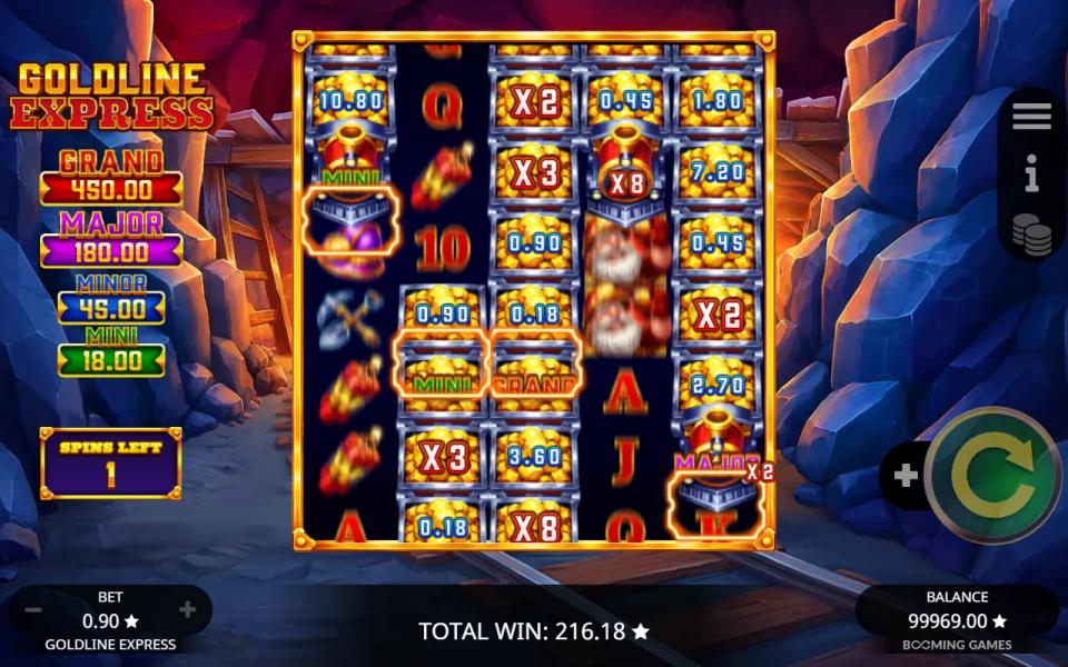 Free spins board on the 5x7 grid with X2, X3 and X8 multiplier carts and Mini, Grand and Major pots on the reels