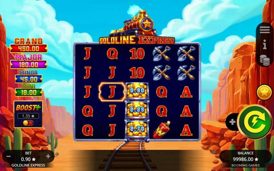 Base game board with an orange collect frame on reel 2 and three gold carts stacked on reel 3