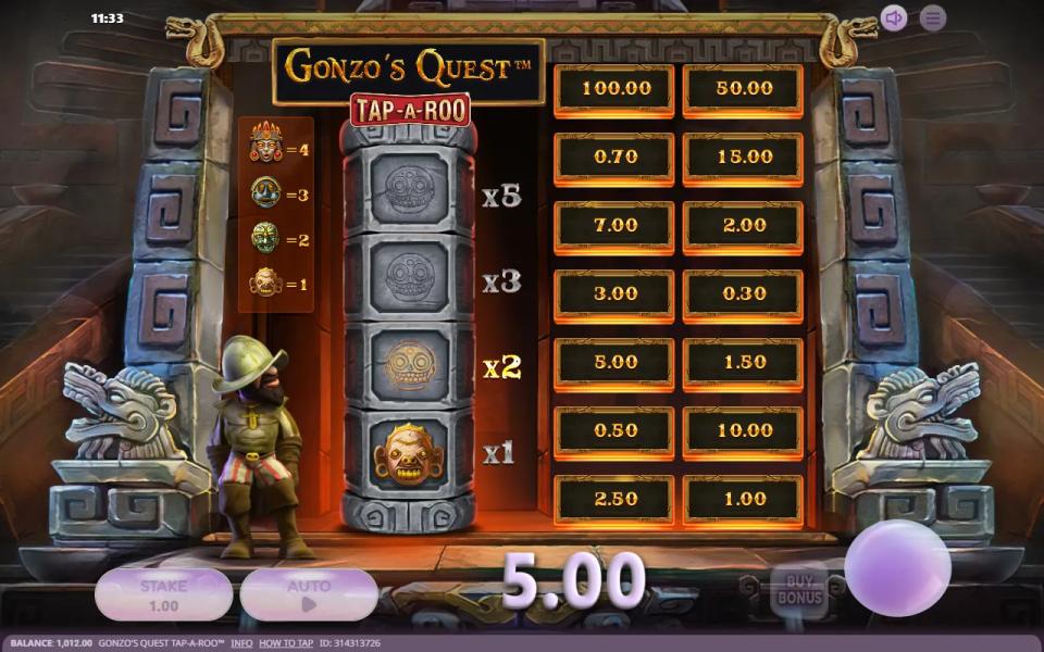Gonzo's Quest Tap-a-Roo base game: Gonzo beside a four-segment stone pillar marked x1, x2, x3 and x5, masks showing on the two bottom segments, with 14 cash prize sectors on the right