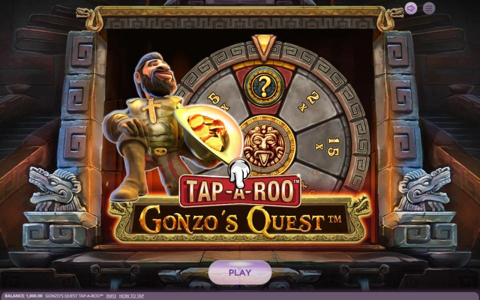 Gonzo's Quest Tap-a-Roo start screen with Gonzo holding a hat full of gold coins in front of the bonus wheel, under the Tap-a-Roo and Gonzo's Quest logos